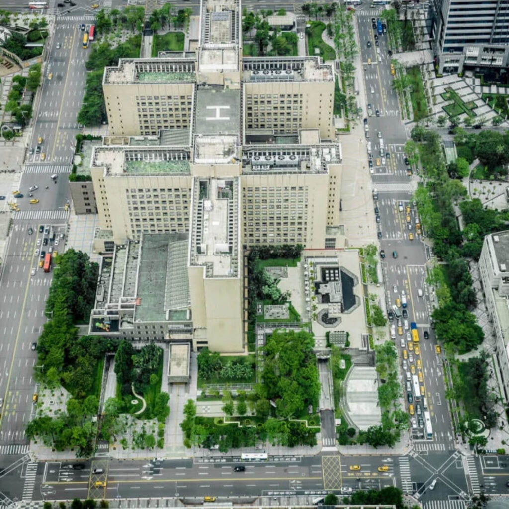 A bird's eye view of a government building.