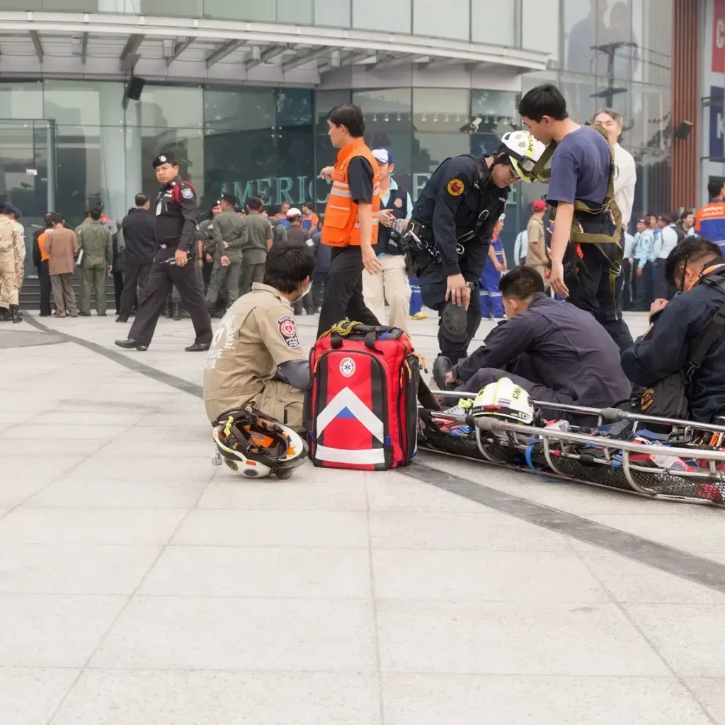 First responders tending to people outside an office building.